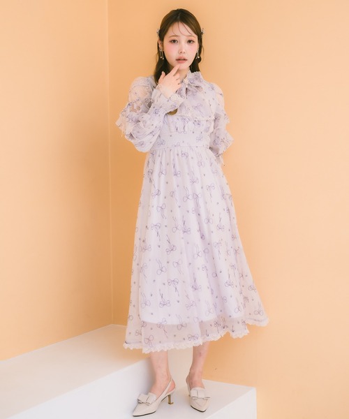 クチュールバイロジータ ワンピース リボン柄シアーロングワンピース
