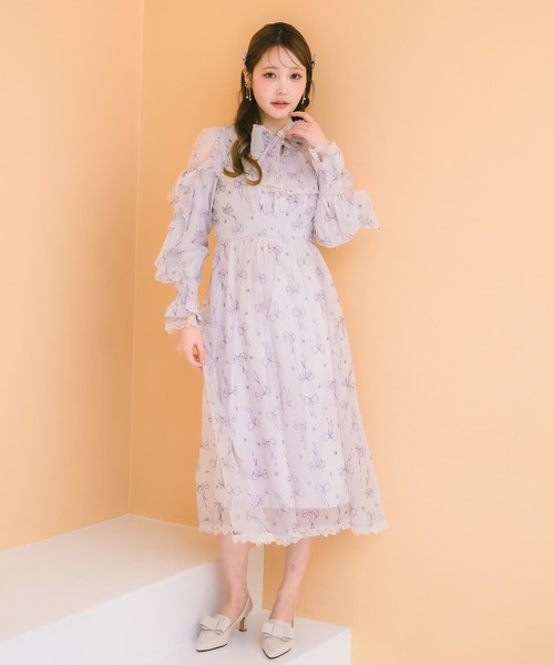 クチュールバイロジータ ワンピース リボン柄シアーロングワンピース