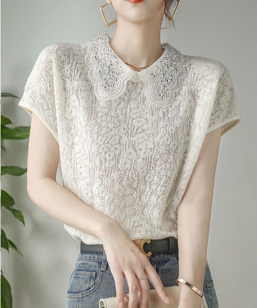 COO+i（クーイ） tシャツ 襟付きフレンチスリーブレースカットソー