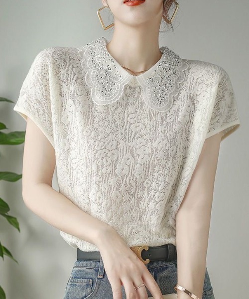 COO+i（クーイ） tシャツ 襟付きフレンチスリーブレースカットソー