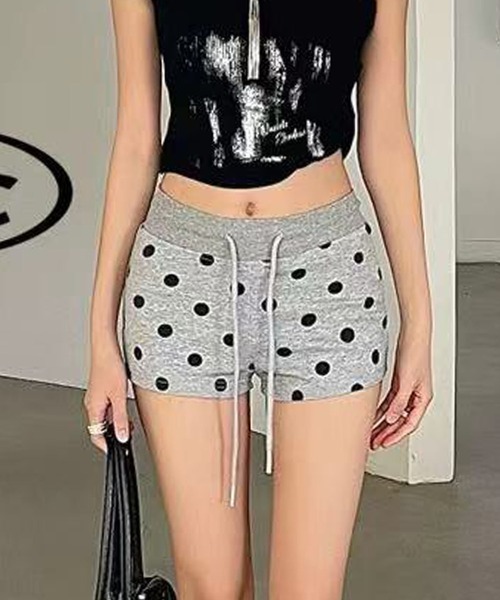shellerシェリエ ドット柄ショートパンツ ホワイト・ブラックドット FINEnough パンツ ドット柄スウェットショートパンツ レディース