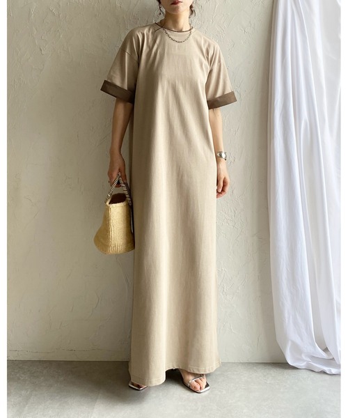 She's Closet ワンピース 半袖 半袖 バイカラー配色 袖ロールアップ