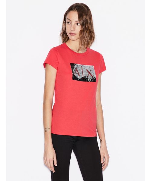 tシャツ 「A|Xアルマーニ エクスチェンジ」スパンコールBOXロゴ　 クルーネック半袖Ｔシャツ/SLIM レディースの画像