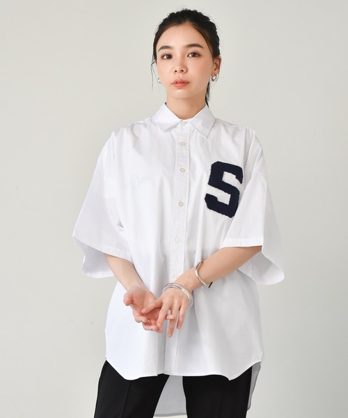 【シップス　ウィメン】【WEB限定】〈手洗い可能〉ブロード ストライプ / 無地 切替 パッチワーク シャツ SHIPS｜【WEB限定】<手洗い可能>ブロード ストライプ / 無地