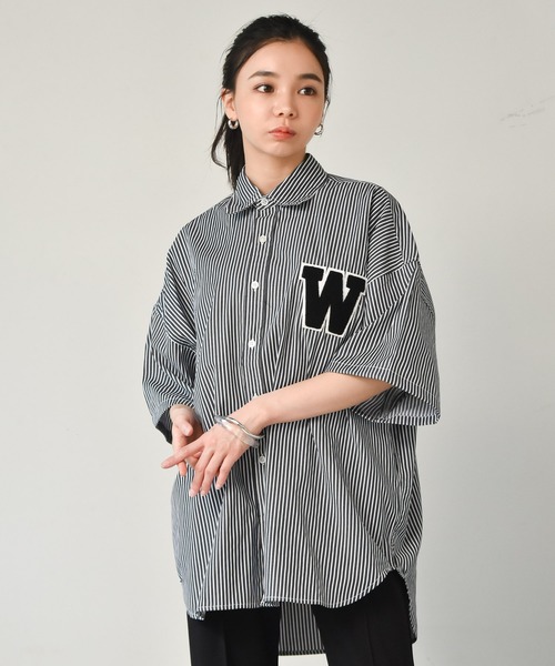 【シップス　ウィメン】【WEB限定】〈手洗い可能〉ブロード ストライプ / 無地 切替 パッチワーク シャツ SHIPS｜【WEB限定】<手洗い可能>ブロード ストライプ / 無地