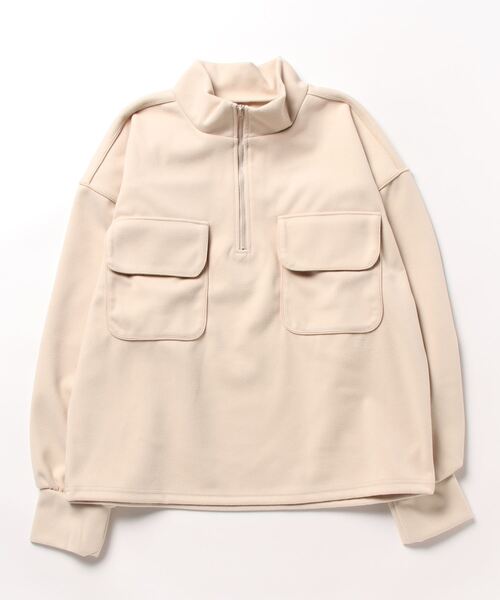 tシャツ 起毛カットソー配色コードパイピングハーフジッププルオーバー レディース