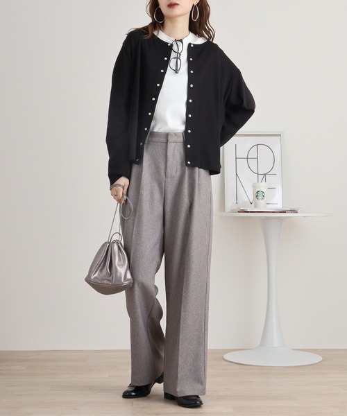 プープレ クルーネック カーディガン パールボタン ラクーン