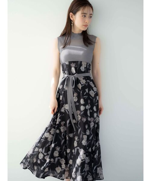 ワンピース シアーノースリニット花柄ドッキングワンピース レディース 