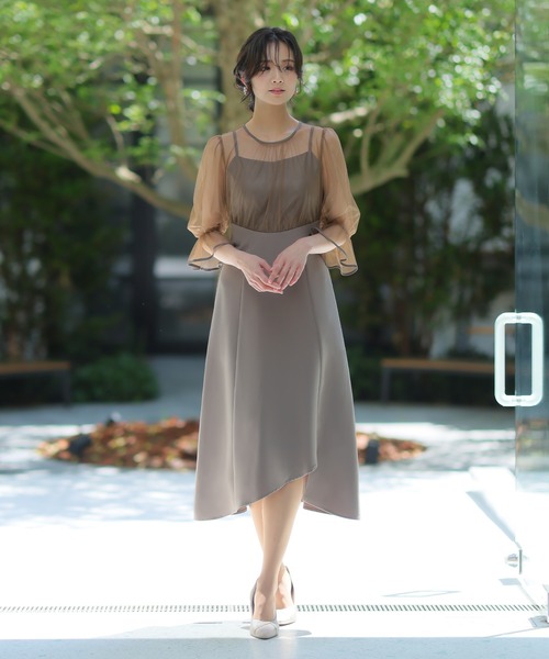 PourVous ドレス 結婚式 パーティードレス シースルーミモレ丈