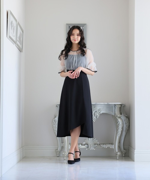 PourVous ドレス 結婚式 パーティードレス シースルーミモレ丈