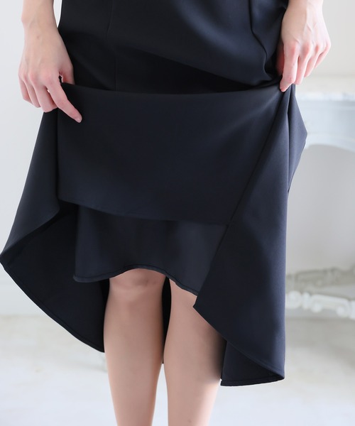 Pour Vous 黒 シースルー袖 パーティードレス Lace Ladies ドレス シースルーフレア袖×花柄総レースフォーマル