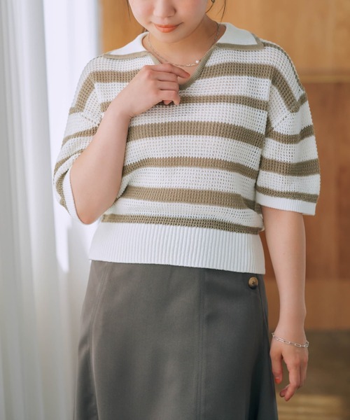 ニット セーター ポロカラーボーダーメッシュニット「低身長・小柄女性」 レディース ニット セーター ポロカラーボーダーメッシュニット「低身長