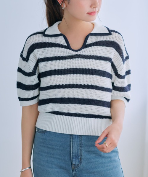 ニット セーター ポロカラーボーダーメッシュニット「低身長・小柄女性」 レディース