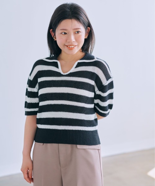ニット セーター ポロカラーボーダーメッシュニット「低身長・小柄女性」 レディース 6(ROKU) ニット セーター 「6(ROKU)」カラーポイント ポロニット