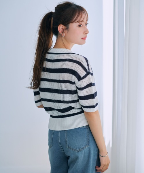 ニット セーター ポロカラーボーダーメッシュニット「低身長・小柄女性」 レディース ニット セーター ポロカラーボーダーメッシュニット「低身長