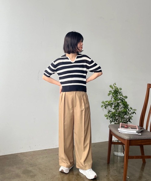 ニット セーター ポロカラーボーダーメッシュニット「低身長