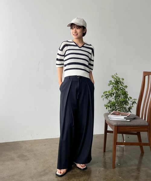 ニット セーター ポロカラーボーダーメッシュニット「低身長・小柄女性」 レディース ニット セーター ポロカラーボーダーメッシュニット「低身長