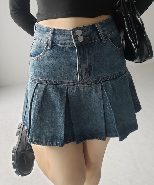 [ JEANS] Girlヴィンテージプリーツデニムスカート me+em select デニムスカート 「 インパン裏地付き