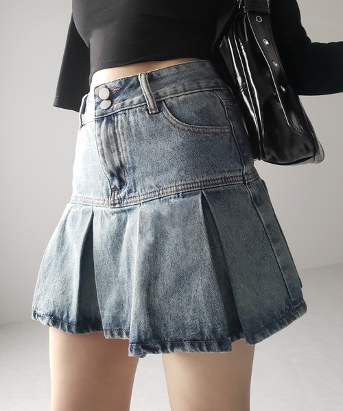 【 Jeans】Denim Pleat Mini デニムプリーツ ミニスカート プリーツデニムミニスカート | ファッション通販サイト NUGU