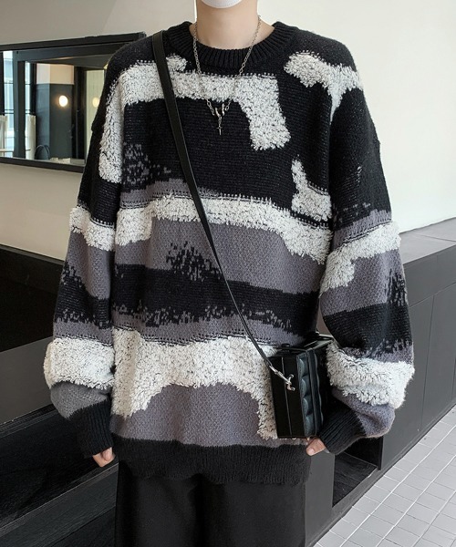 セーター ニット 「FVLMEN」marble border knit pullover/マーブル