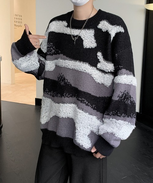 セーター ニット 「FVLMEN」marble border knit pullover/マーブル