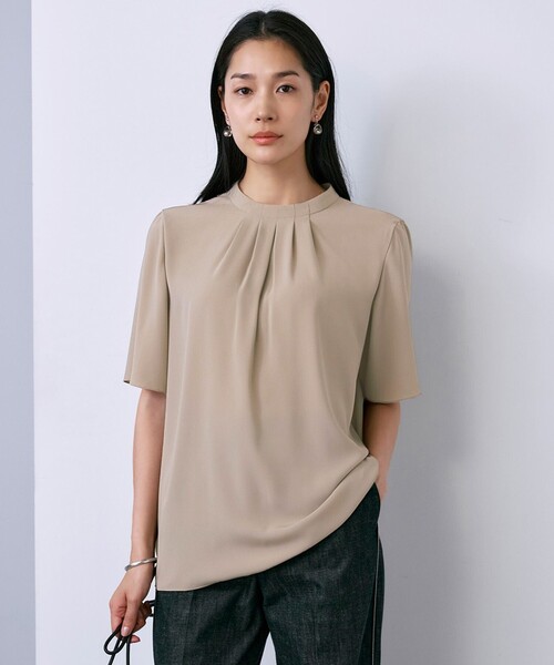 ブラウス シャツ BackSatinAmunzen 5分袖ハイネックブラウス レディース
