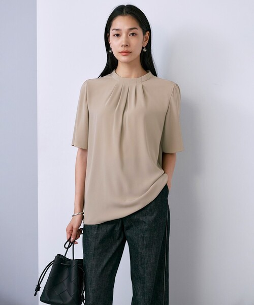 ブラウス シャツ BackSatinAmunzen 5分袖ハイネックブラウス レディース ICB ブラウス シャツ BackSatinAmunzen 5分袖ハイネックブラウス