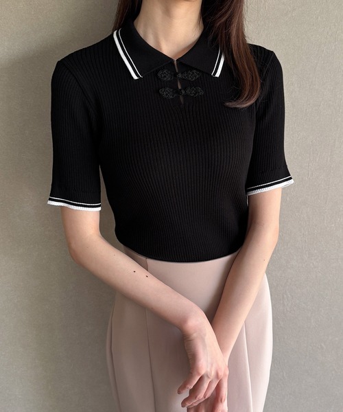 JUNOAH（ジュノア） ニット セーター 配色ラインチャイナ半袖