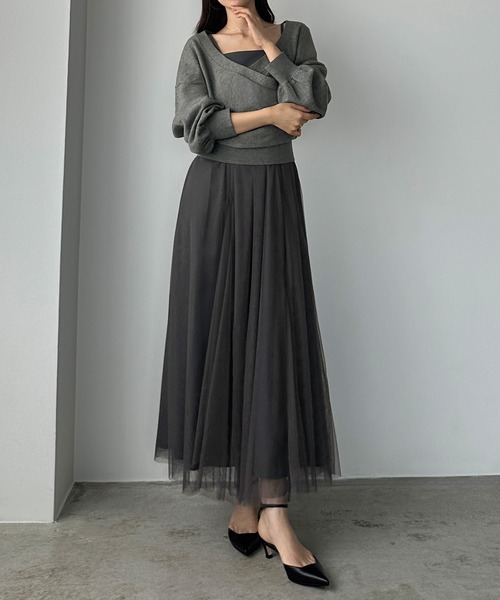 Louere（ルエレ） ワンピース カシュクールニット＋ラッフルチュール