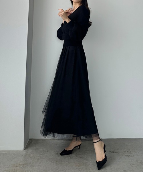 【WEB限定】カシュクールニット×キャミワンピース　ブラック Louere（ルエレ） ワンピース カシュクールニット＋ラッフルチュール