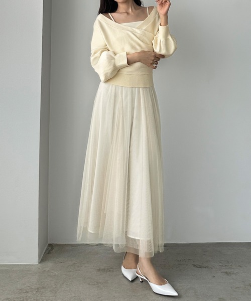 Louere（ルエレ） ワンピース カシュクールニット＋ラッフルチュール