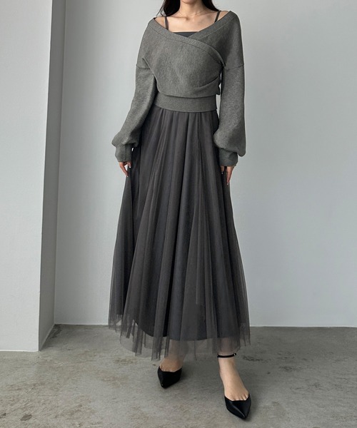 Louere（ルエレ） ワンピース カシュクールニット＋ラッフルチュール