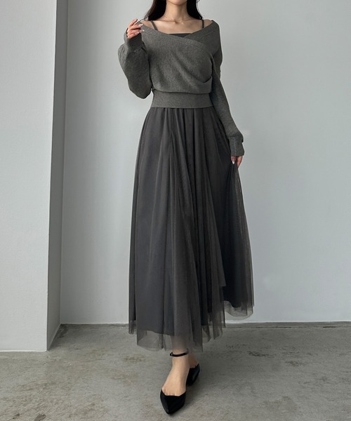 Louere（ルエレ） ワンピース カシュクールニット＋ラッフルチュール