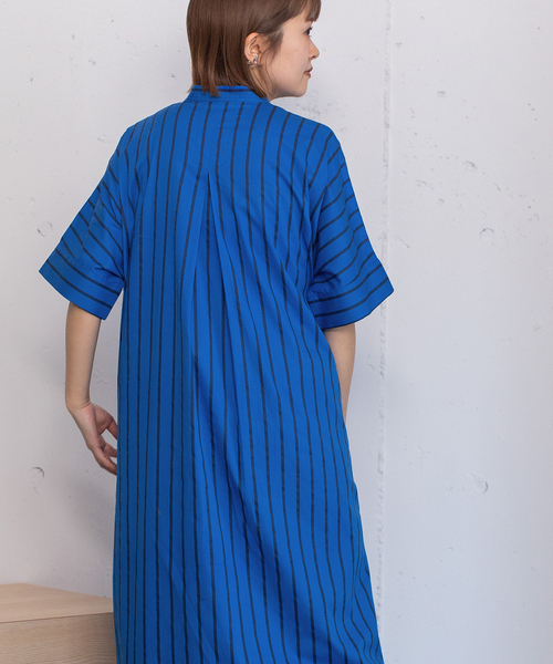 POU DOU DOU 配色V切替ドット柄シャツワンピース ミモレ丈 ランダム