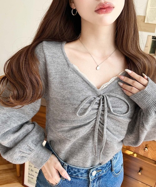 moment+ ニット セーター フロントレースギャザーニットトップス