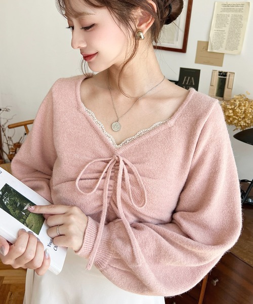 DAMA ニットセーター　レース moment+ ニット セーター フロントレースギャザーニットトップス