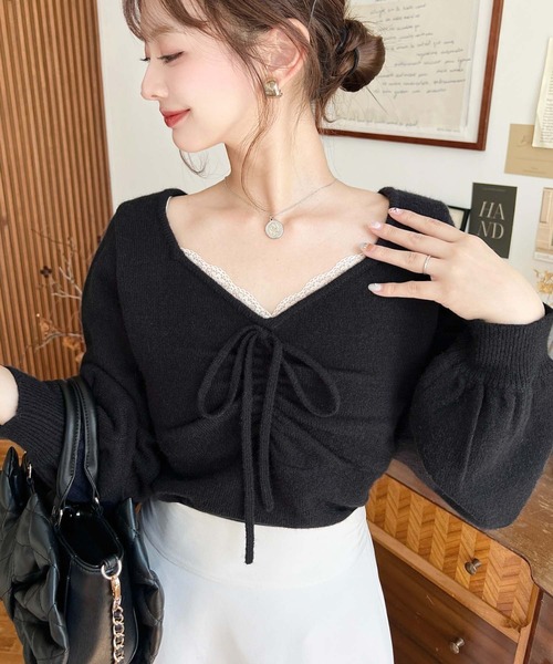 moment+ ニット セーター フロントレースギャザーニットトップス