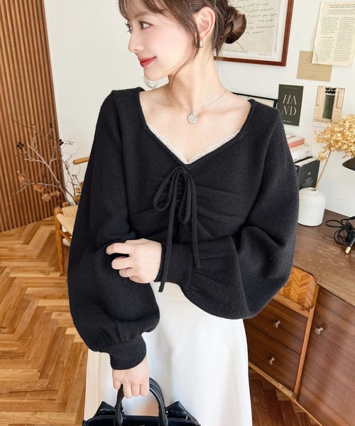 moment+ ニット セーター フロントレースギャザーニットトップス