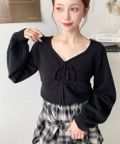 moment+ ニット セーター フロントレースギャザーニットトップス