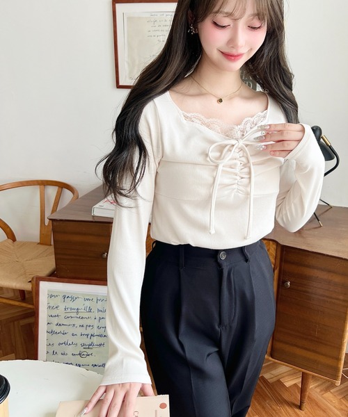 moment+ ニット セーター フロントレースギャザーニットトップス