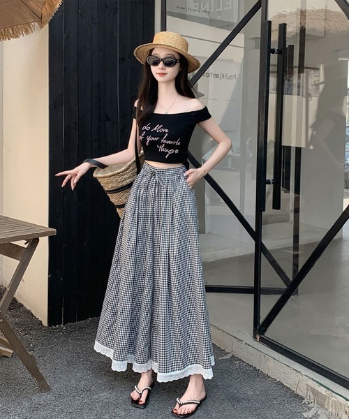 URGE： パンツ 「URGE：」チェック柄 裾レース ロング丈