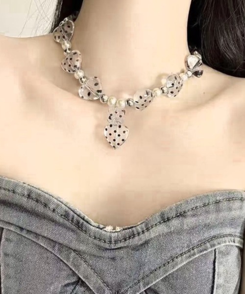 Sibra（シブラ） ネックレス ドット柄ハートモチーフ×パールビーズ