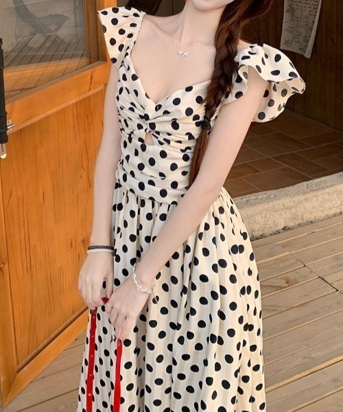 試着のみ♡ルネ♡ポルカドット　ワンピース ワンピース 夏 ウエストマークポルカドットキャミワンピース