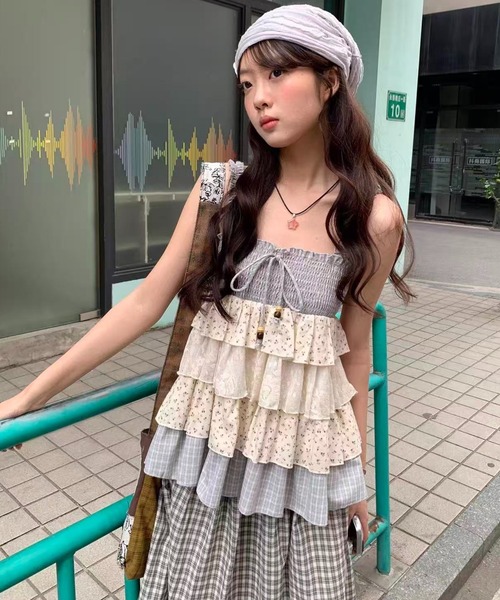 AsRiRe ワンピース 新色追加/26ss チェック×小花柄ティアードリボン