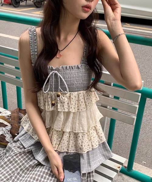 AsRiRe ワンピース 新色追加/26ss チェック×小花柄ティアードリボン