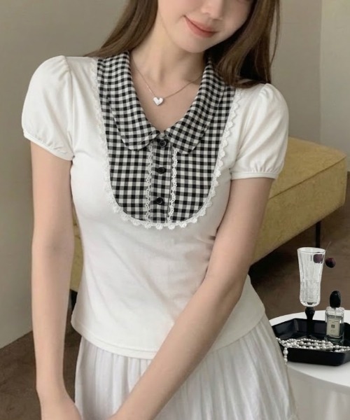 tシャツ 半袖 ギンガムチェック 襟付きレーストリム パフスリーブ半袖