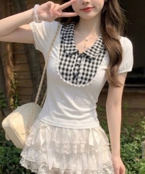 tシャツ 半袖 ギンガムチェック 襟付きレーストリム パフスリーブ半袖 