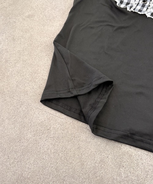 tシャツ 半袖 ギンガムチェック 襟付きレーストリム パフスリーブ半袖