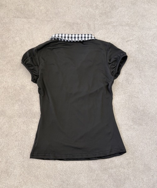 tシャツ 半袖 ギンガムチェック 襟付きレーストリム パフスリーブ半袖