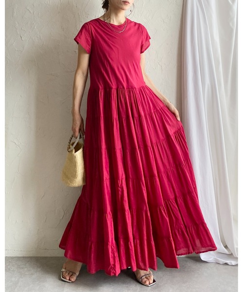 ヌキテパ ワンピース ティアード フレア ロング インド綿100 F リゾート She's Closet ワンピース 夏 半袖 インド綿 コットン100% 半袖
